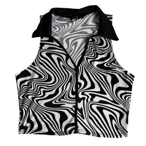 Julia by Love J Y2K Retro Swirl Sleeveless Button Up Crop Top Black White Medium